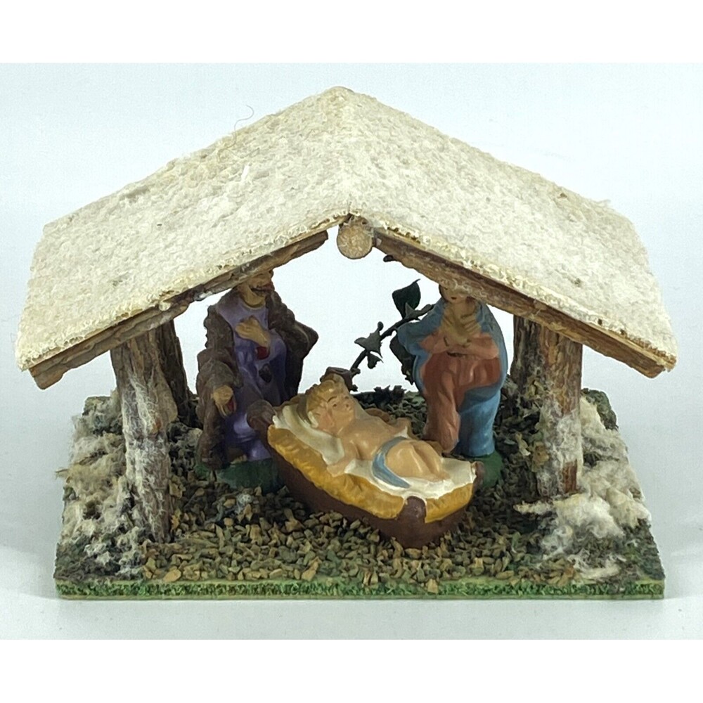 3” Nativity Set￼ Flocked Wood Manger Chalkware Figurines Christmas Vintage ITALY
